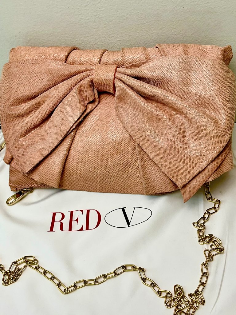 Red Valentino Oversized Bow Clutch Blush Pink Textured Leather Chain Strap